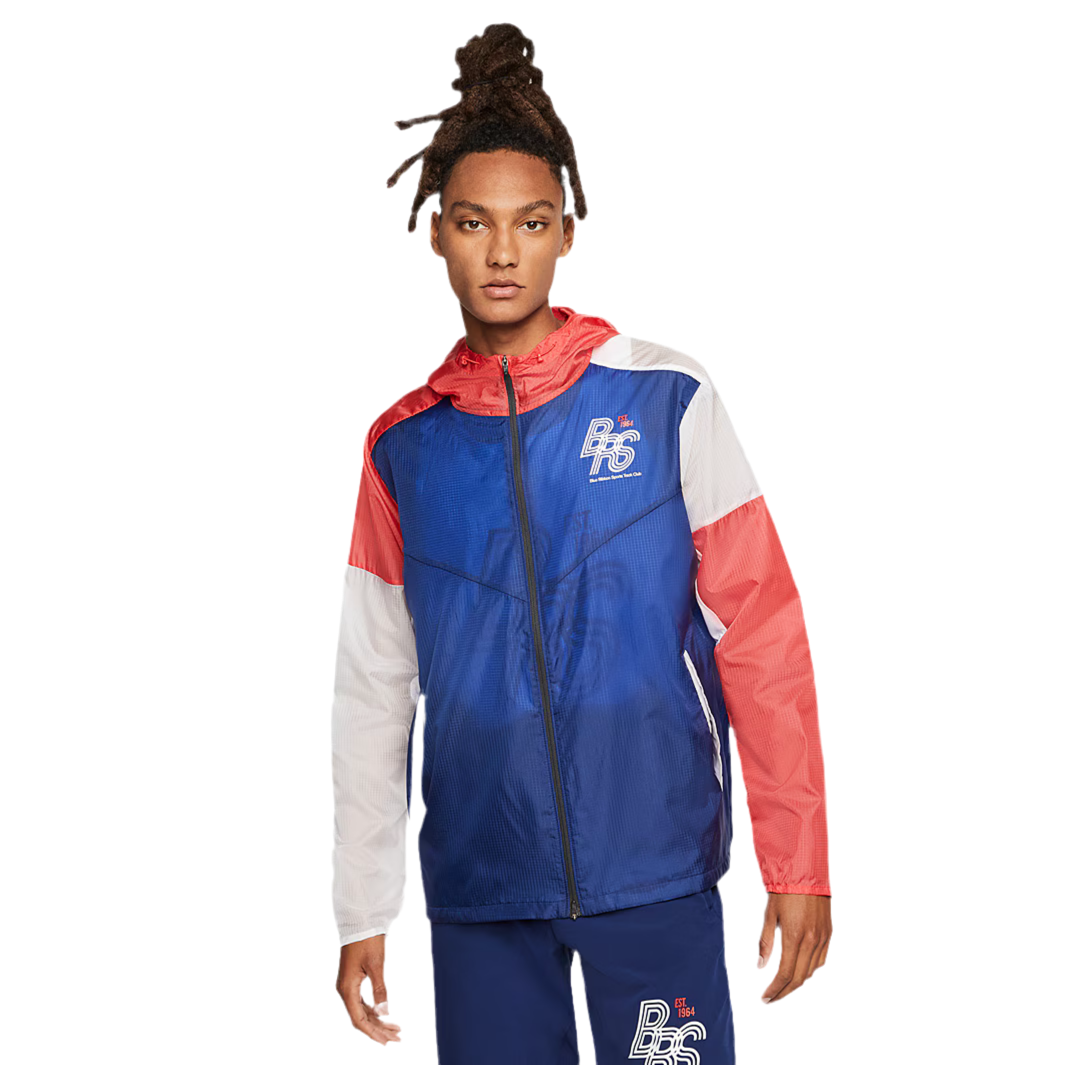 Red white shops and blue nike jacket